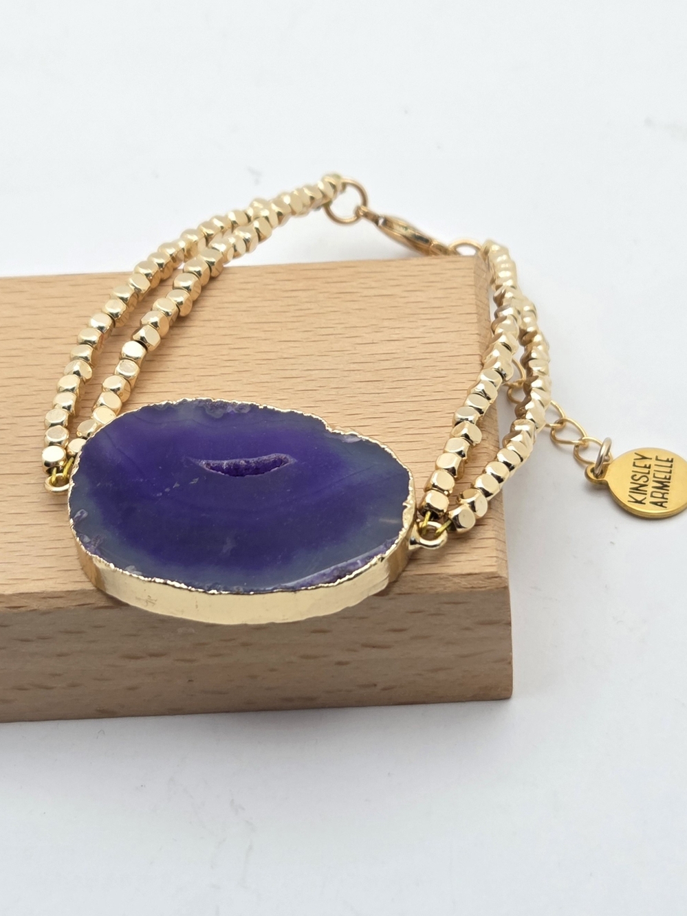 Kinsley Armelle Purple Agate Geode Slice Bracelet Gold Beaded Double Strand